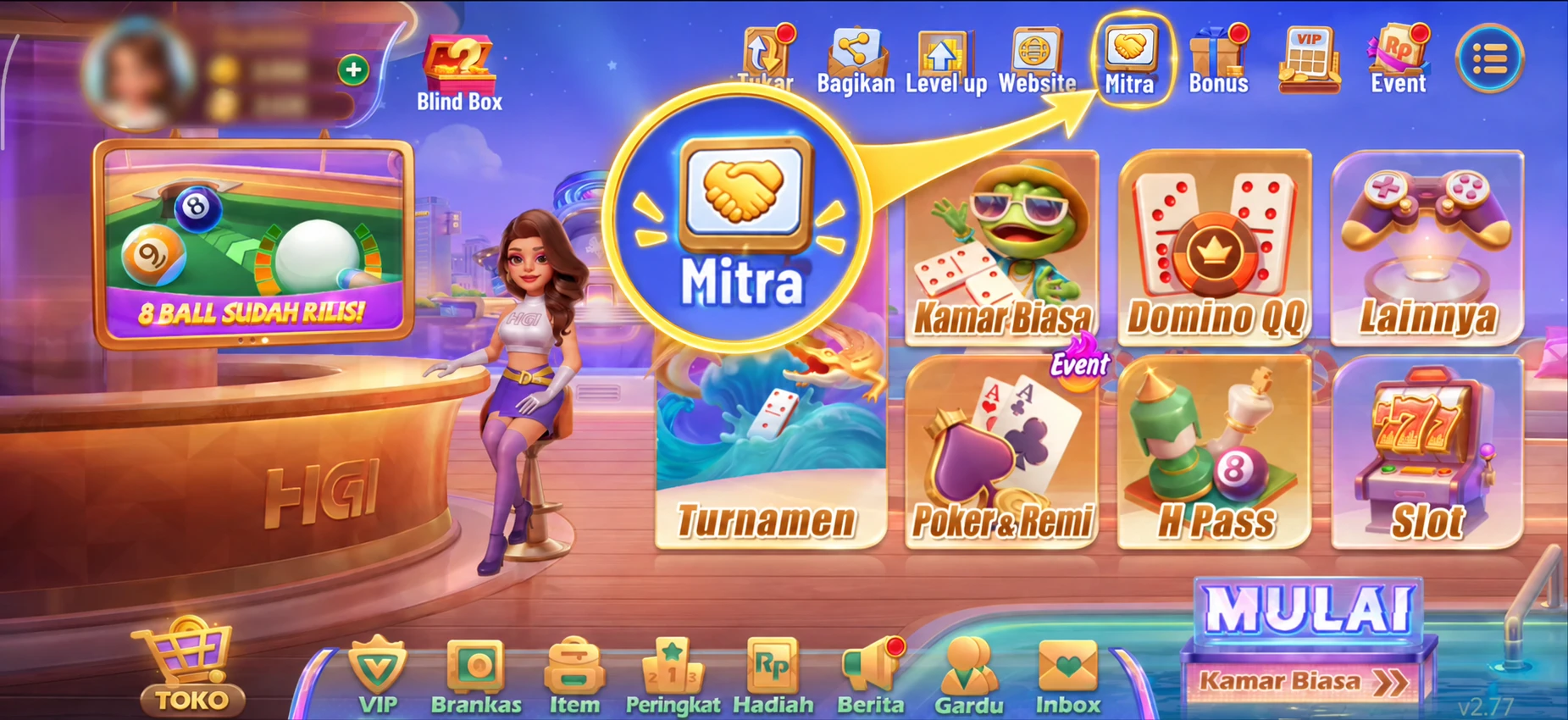 Halaman awal Higgs Games Island dengan tombol Mitra di bagian atas yang diperbesar dan ditunjukkan panah kuning, serta informasi akun diburamkan